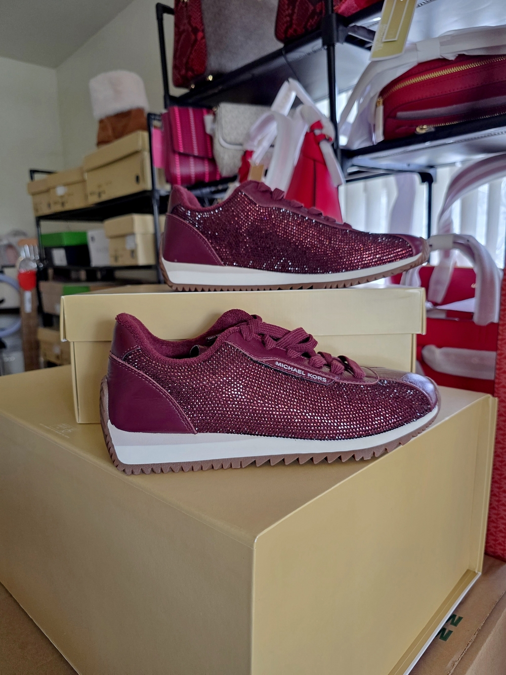 MICHAEL Michael Kors Rhodes Embellished Leather Trainer In Oxblood Size 7M